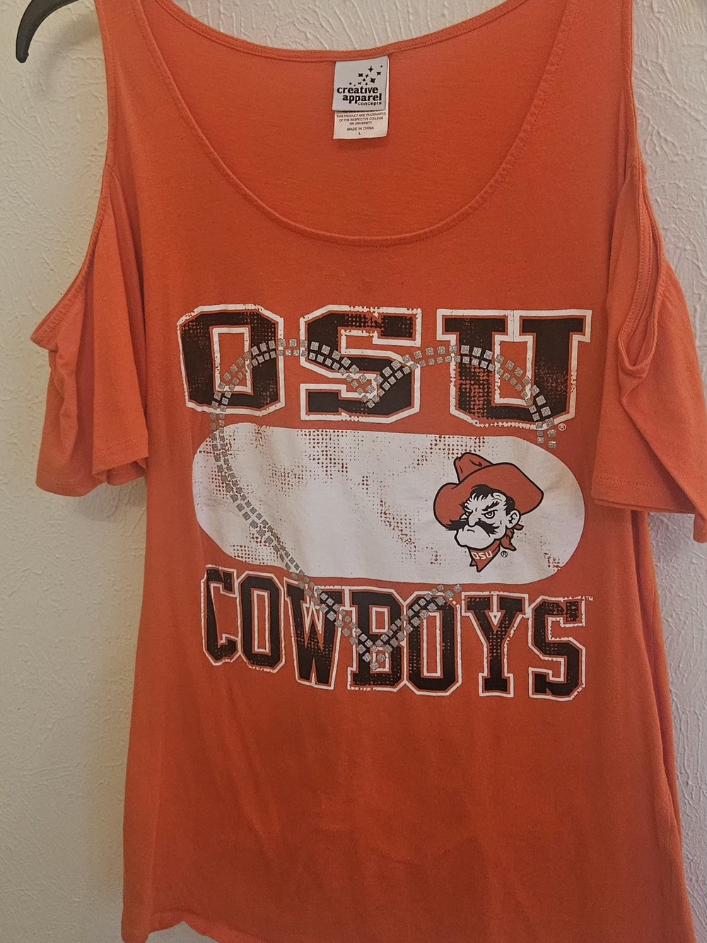 OSU Cowboys Pistol Pete Heart Cold-Shoulder Graphic Tee by Creative Apparel